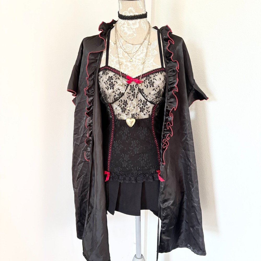 Cinema Etoile Womens 2XL Black Red Satin Ruffle Robe Lingerie Sleepwear - Picture 3 of 7